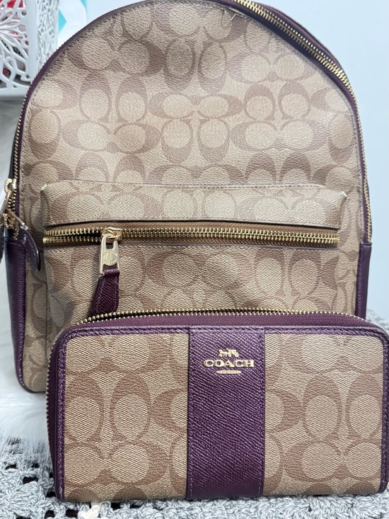 Coach Handbags - Coach Brown Signature Canvas Backpack and Wallet with Purple Trim